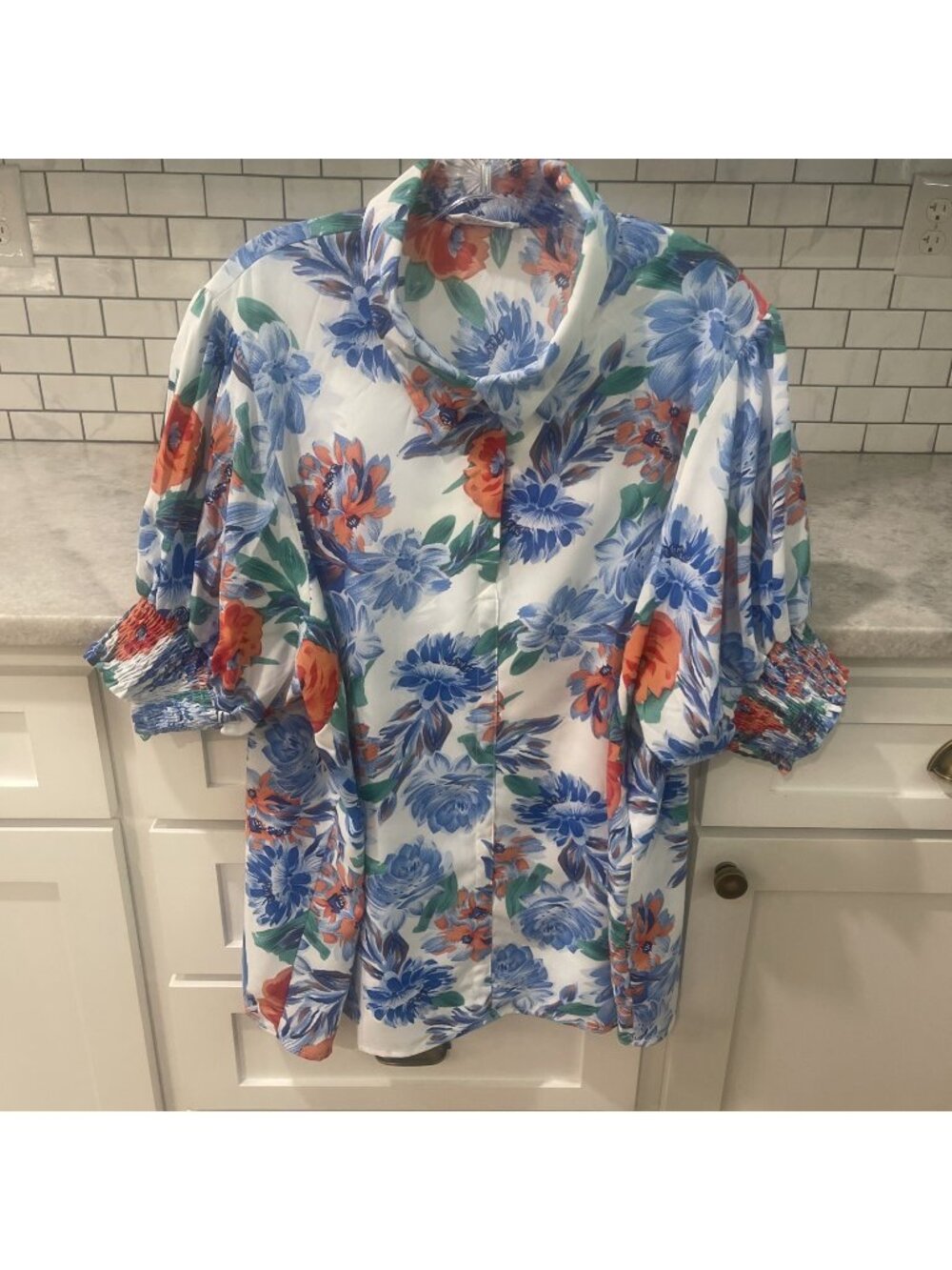 First Love Tunic Shirt Womens 2X Blue Floral Button Front Bohoemian Silky Top‎